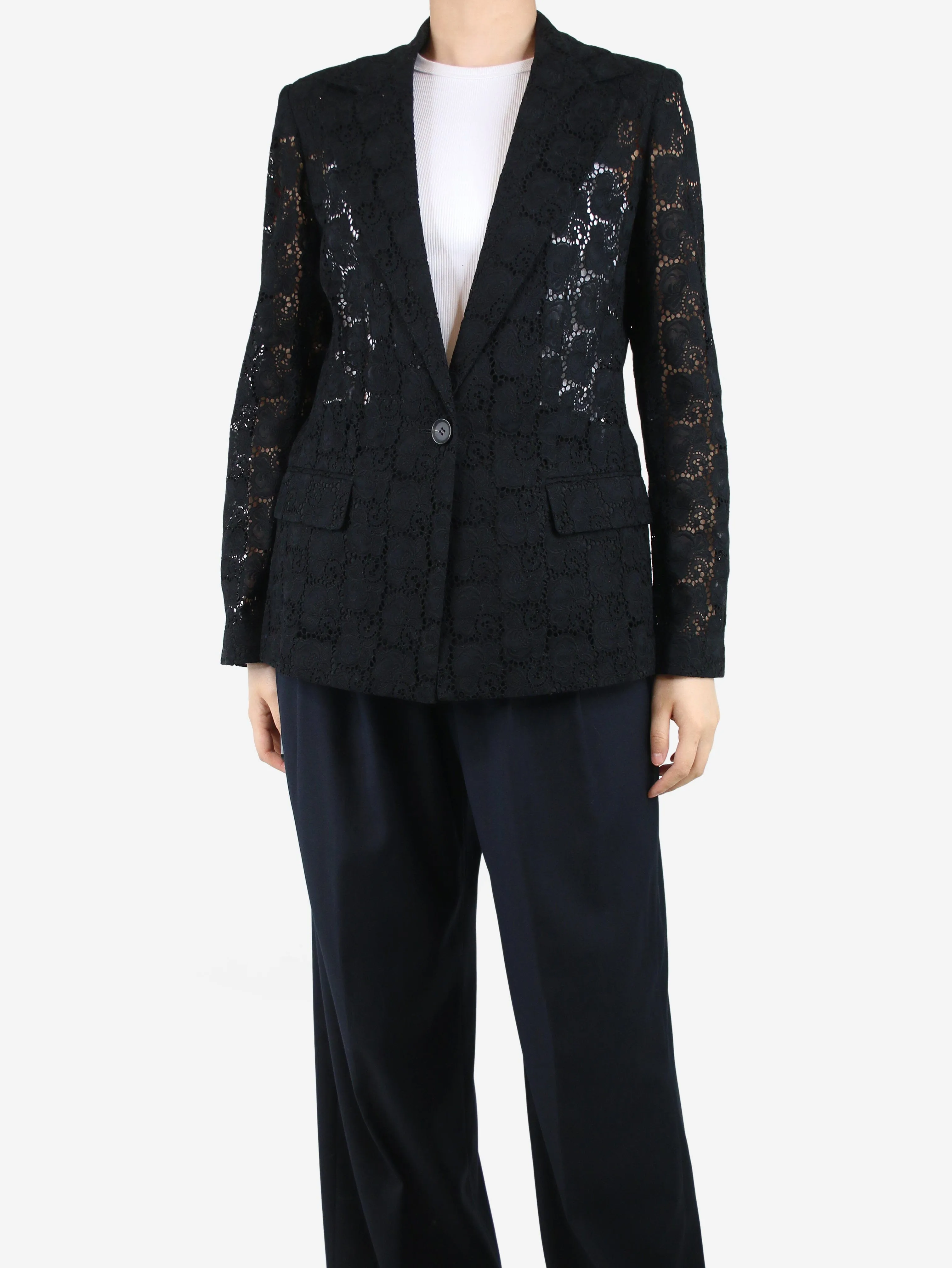 Black singe-buttoned floral lace blazer - size UK 14