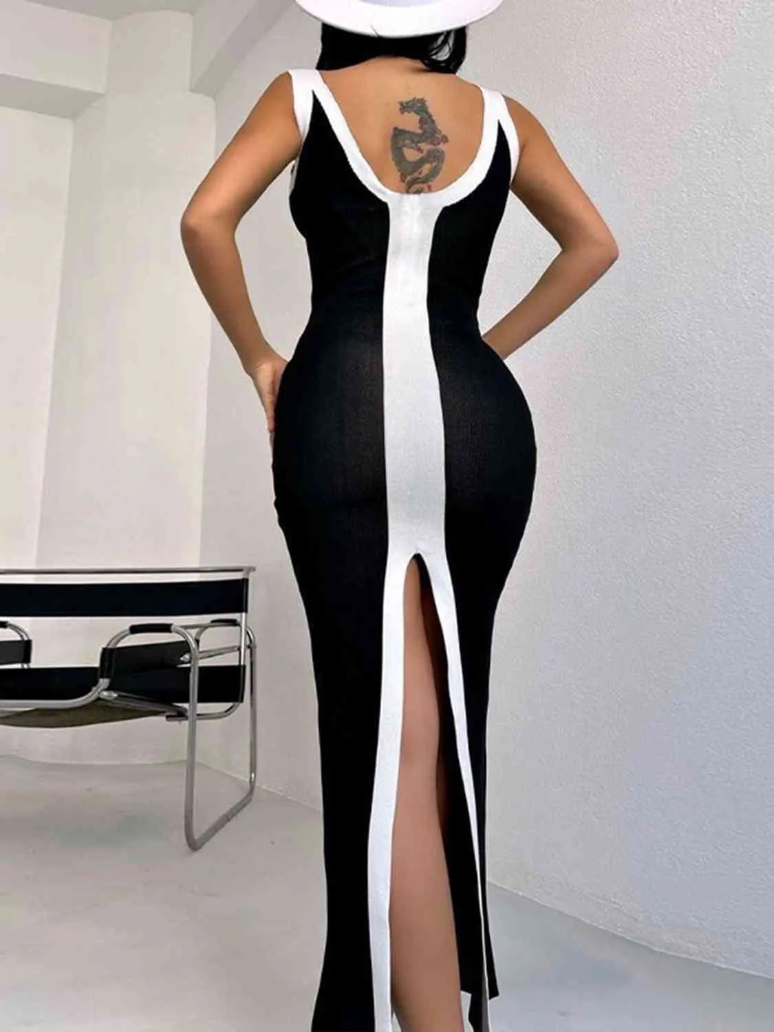 Chic Wide Strap Midi Dress with Thigh High Slit - Elegant and Flattering Style