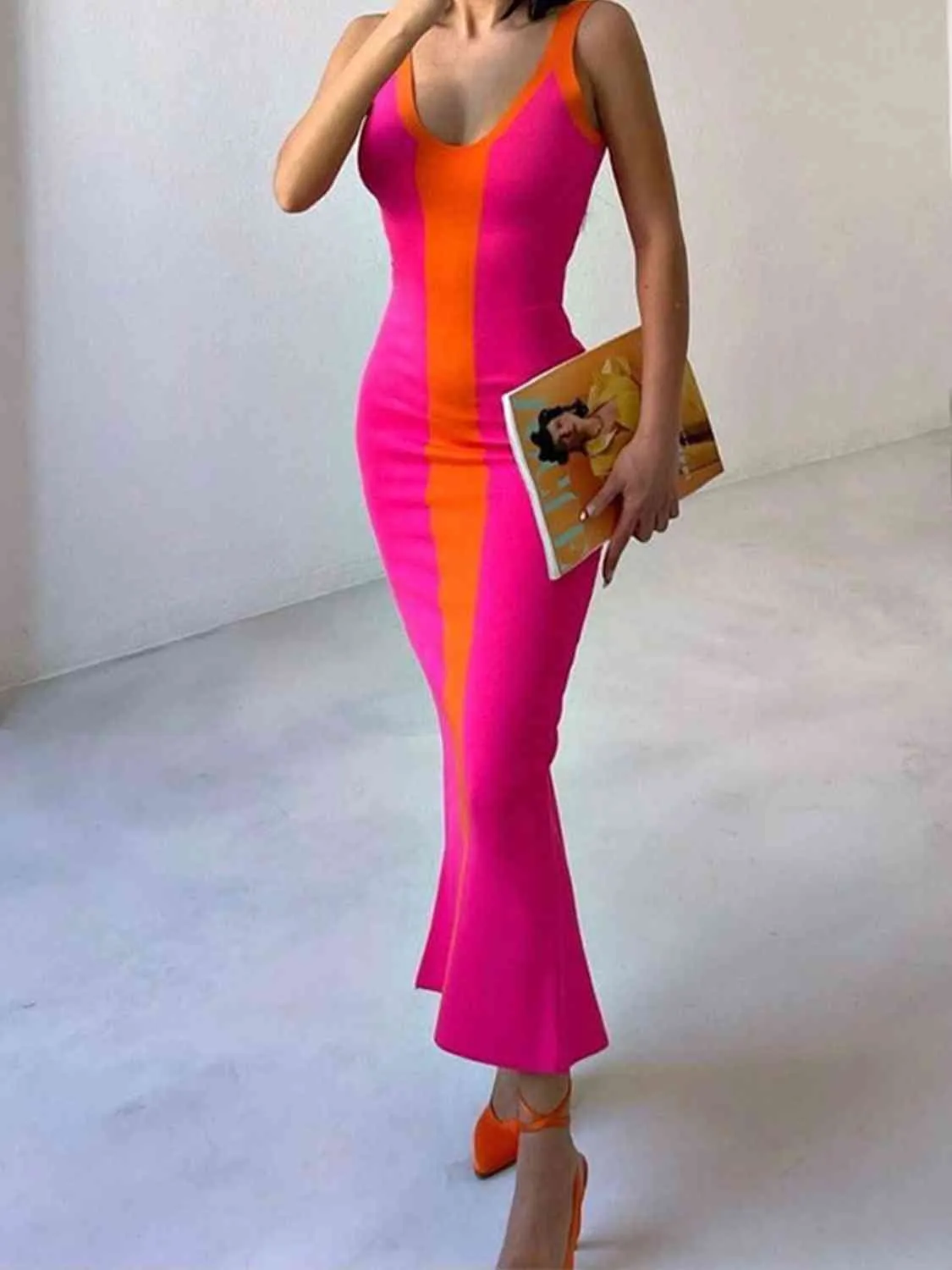 Chic Wide Strap Midi Dress with Thigh High Slit - Elegant and Flattering Style