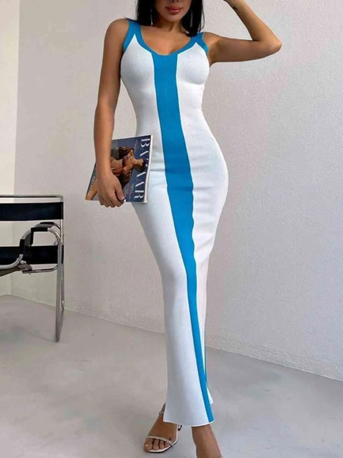 Chic Wide Strap Midi Dress with Thigh High Slit - Elegant and Flattering Style