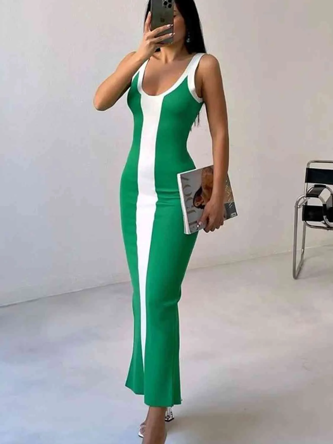 Chic Wide Strap Midi Dress with Thigh High Slit - Elegant and Flattering Style