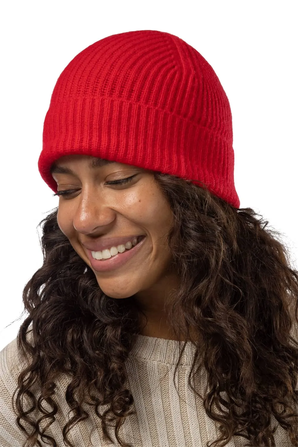 Women's 100% Pure Cashmere Ribbed Hat with Cuff