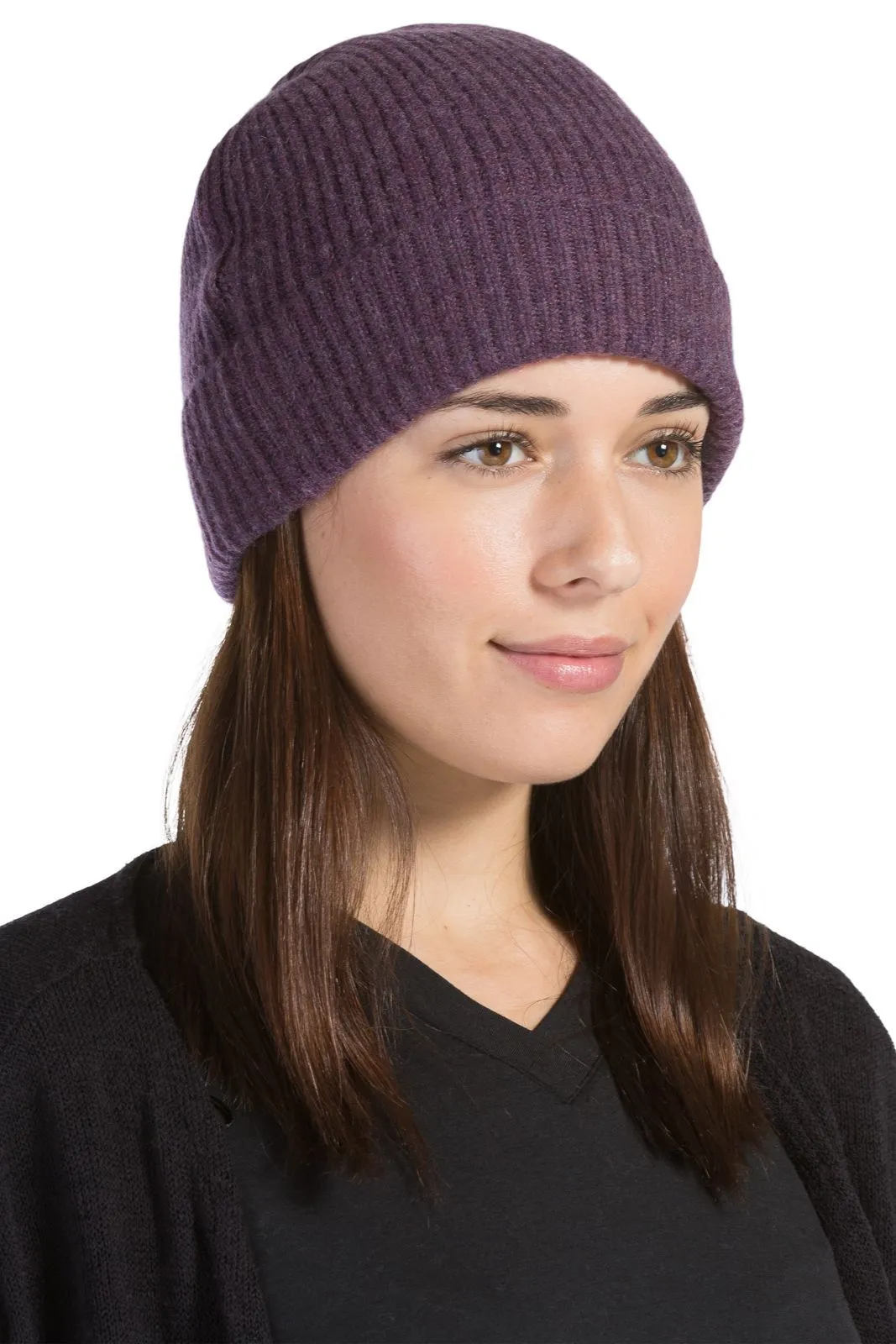 Women's 100% Pure Cashmere Ribbed Hat with Cuff