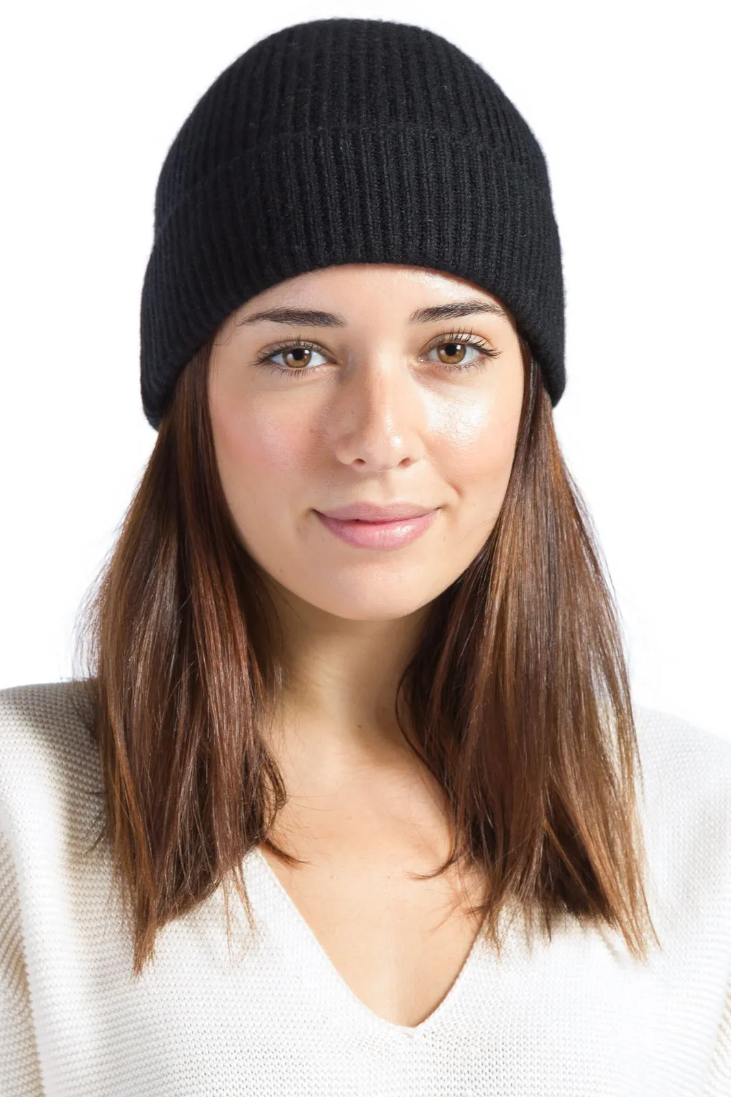 Women's 100% Pure Cashmere Ribbed Hat with Cuff