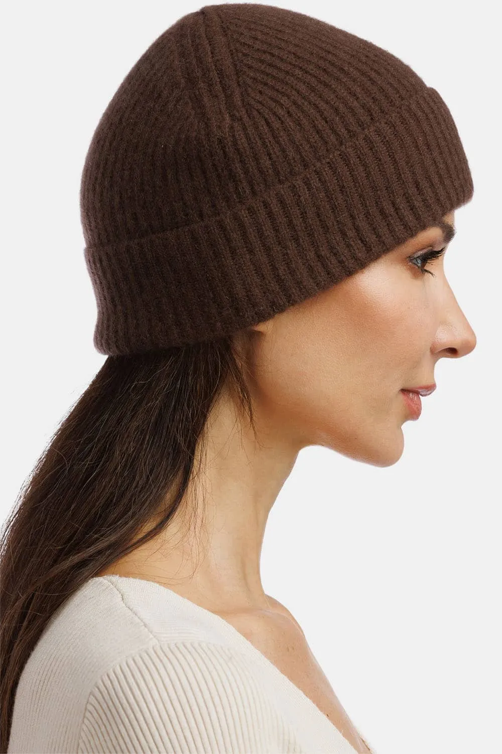 Women's 100% Pure Cashmere Ribbed Hat with Cuff