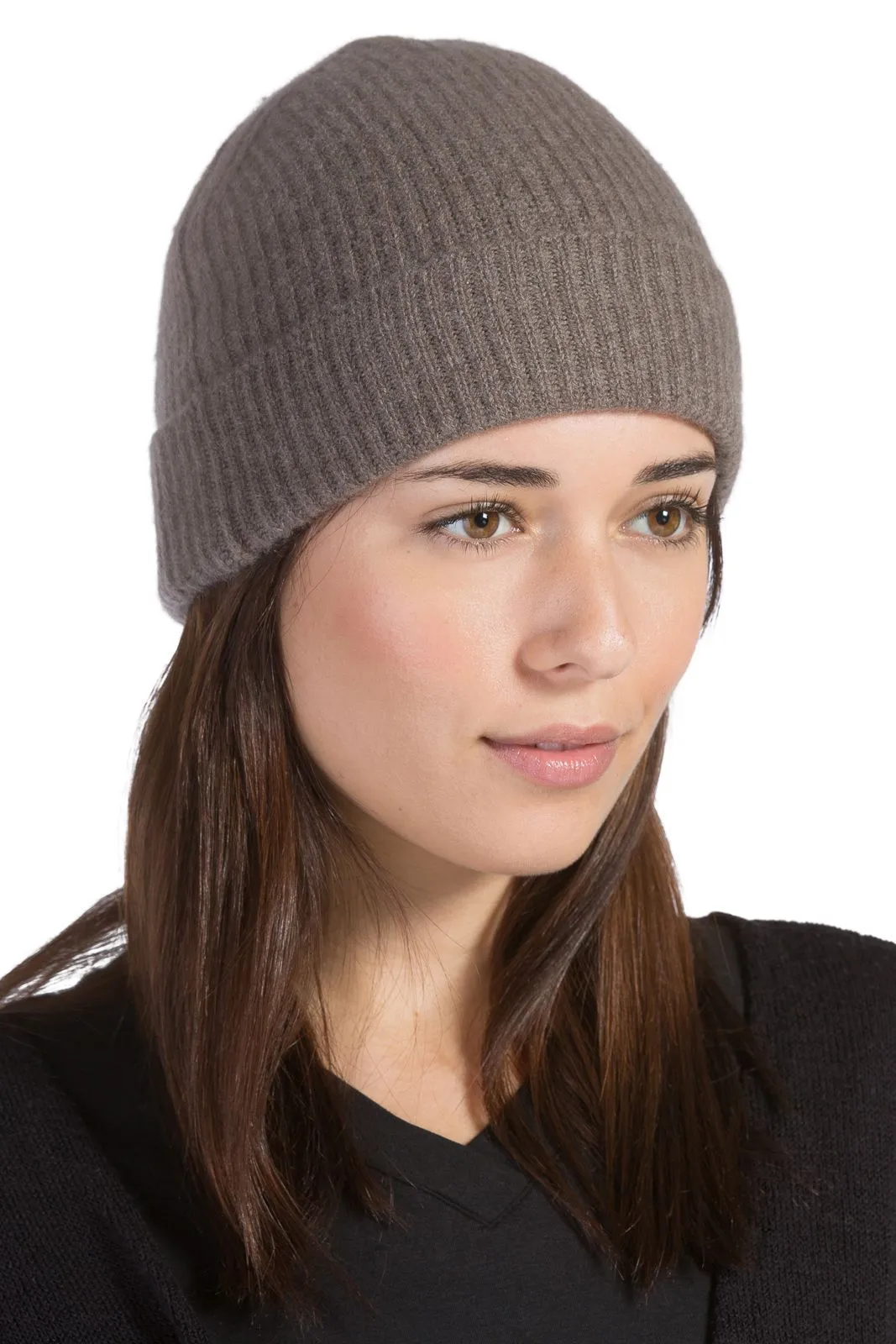 Women's 100% Pure Cashmere Ribbed Hat with Cuff