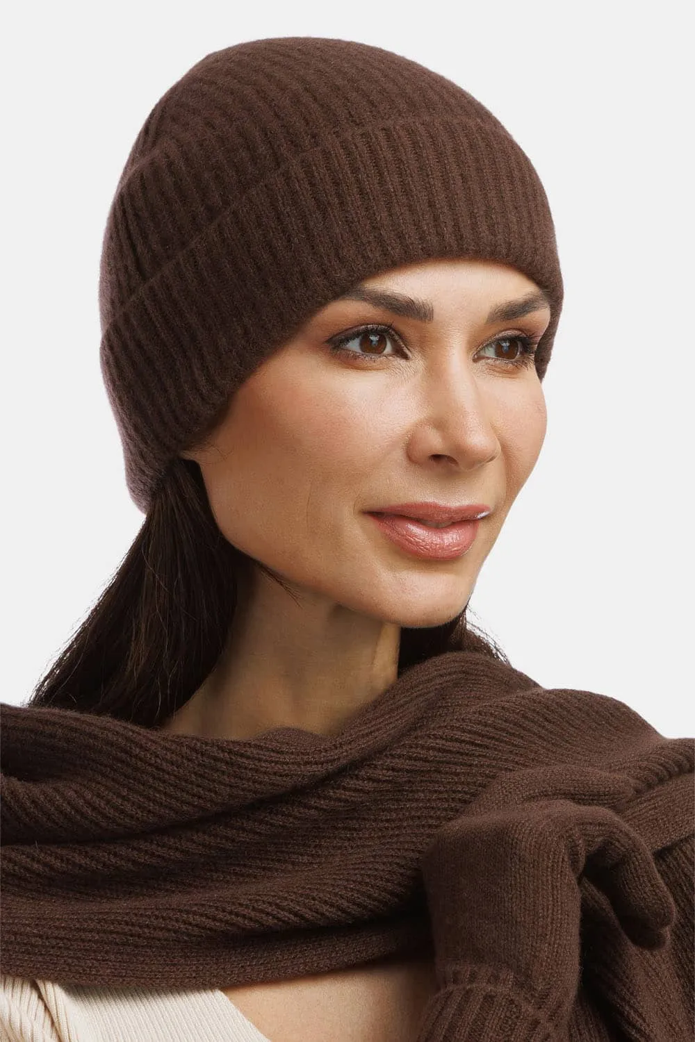 Women's 100% Pure Cashmere Ribbed Hat with Cuff