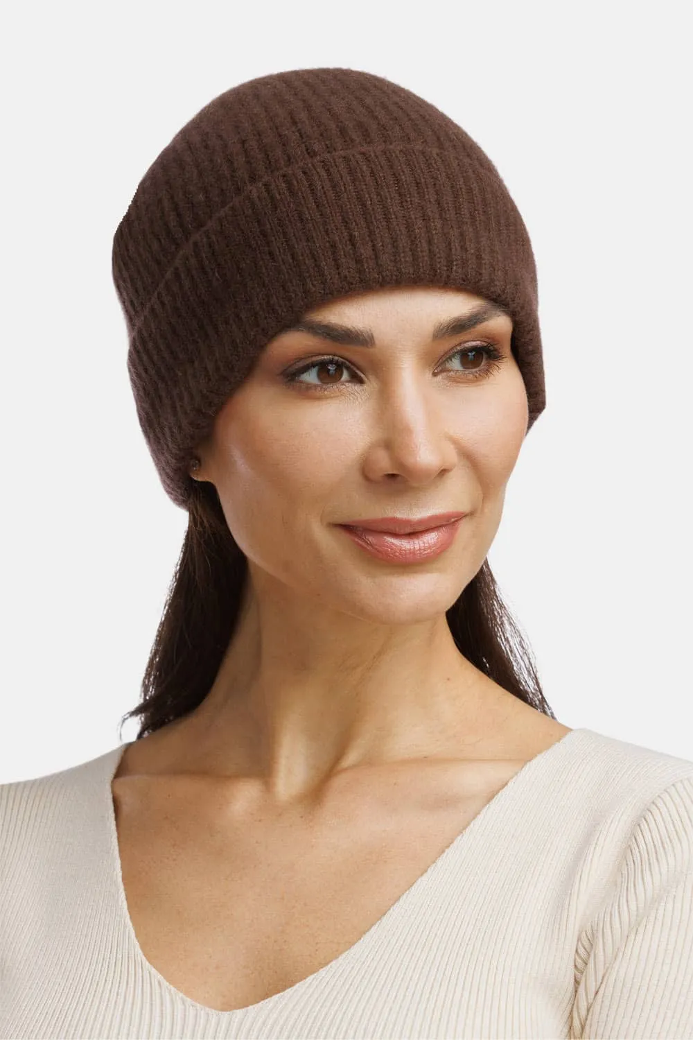 Women's 100% Pure Cashmere Ribbed Hat with Cuff