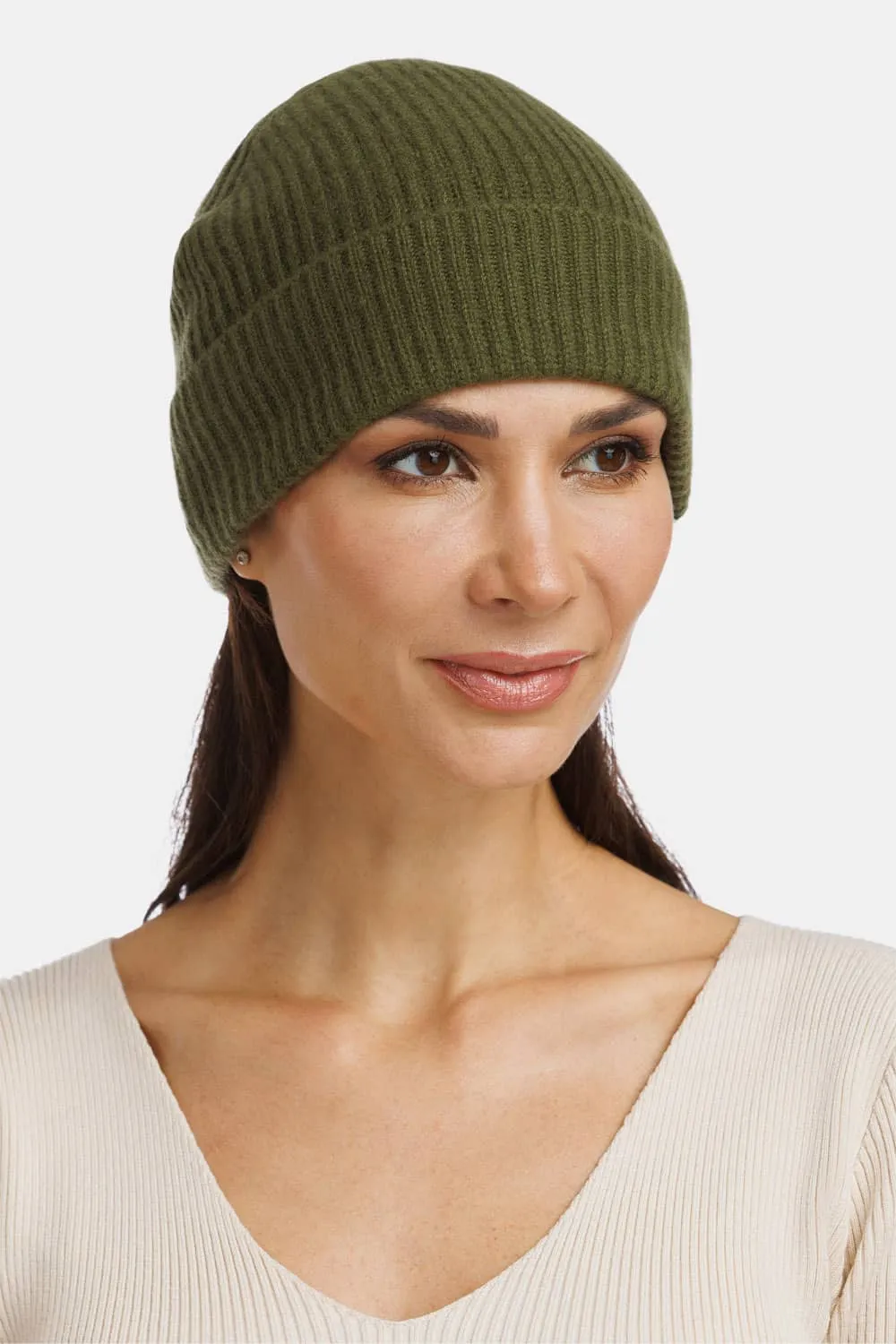 Women's 100% Pure Cashmere Ribbed Hat with Cuff